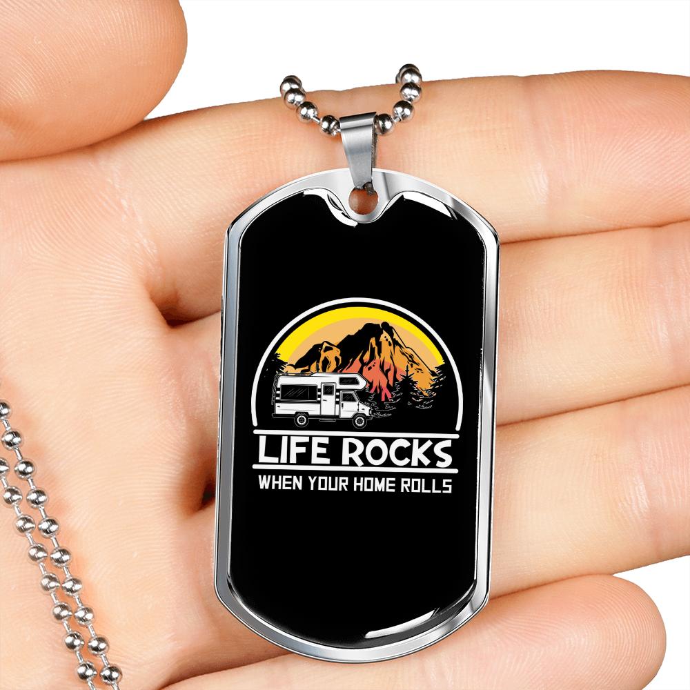 Camper Necklace Life Rocks Necklace Stainless Steel or 18k Gold Dog Tag 24" Chain-Express Your Love Gifts