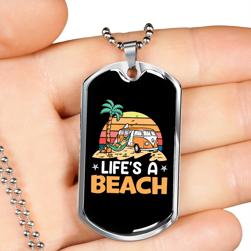 Camper Necklace Life's a Beach Necklace Stainless Steel or 18k Gold Dog Tag 24" Chain-Express Your Love Gifts