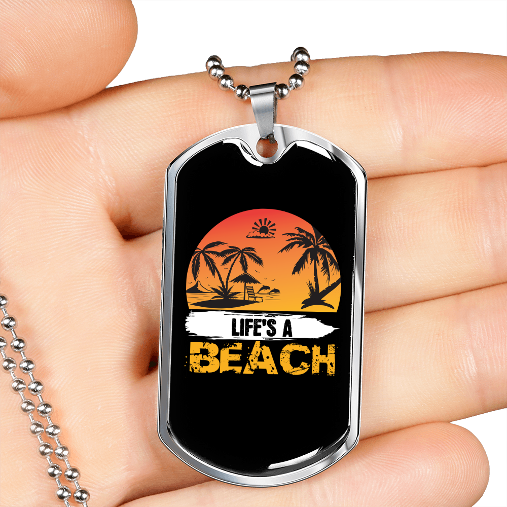 Camper Necklace Life's a Beach Orange Necklace Stainless Steel or 18k Gold Dog Tag 24" Chain-Express Your Love Gifts