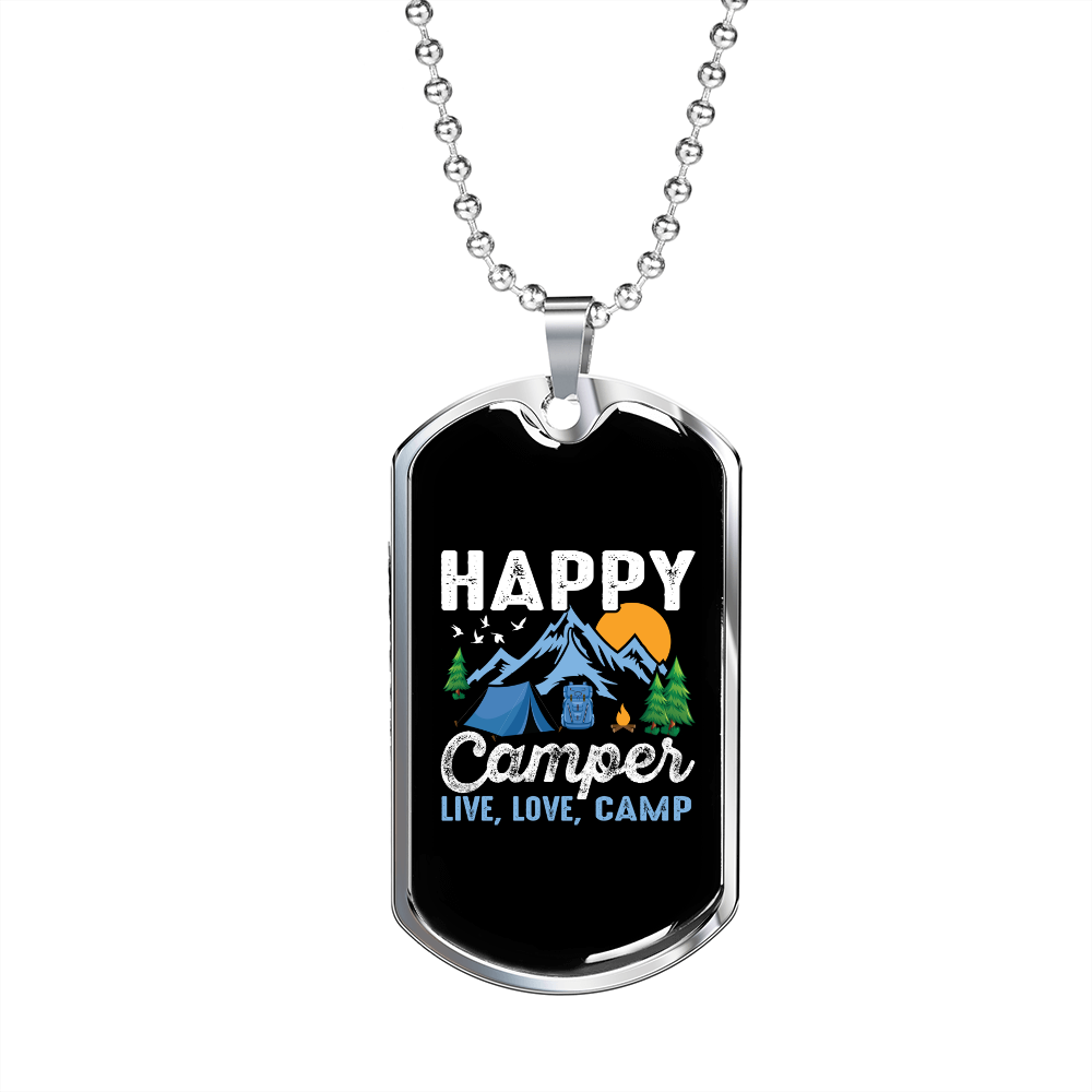 Camper Necklace Live Love Camp Blue Necklace Stainless Steel or 18k Gold Dog Tag 24" Chain-Express Your Love Gifts
