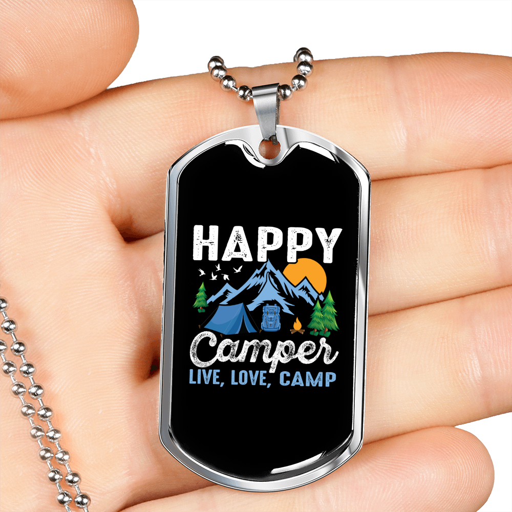 Camper Necklace Live Love Camp Blue Necklace Stainless Steel or 18k Gold Dog Tag 24" Chain-Express Your Love Gifts