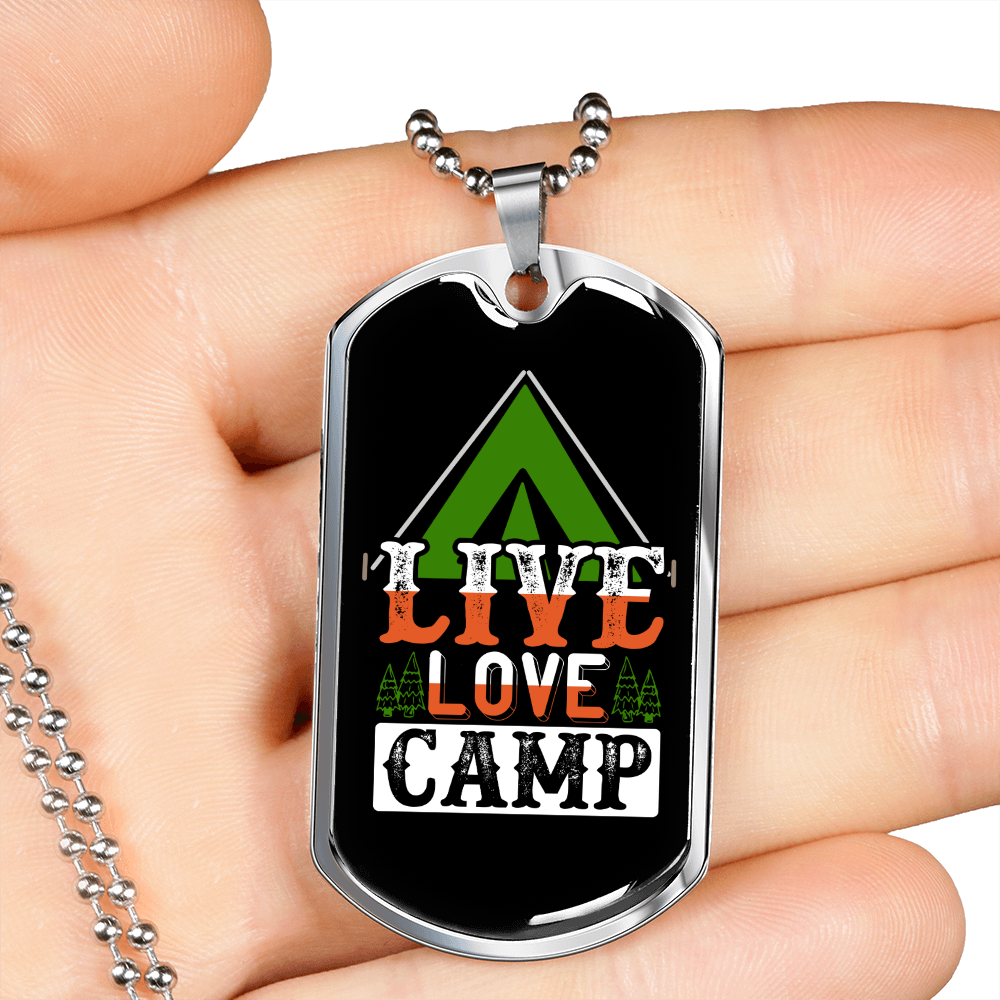 Camper Necklace Live Love Camp Green Necklace Stainless Steel or 18k Gold Dog Tag 24" Chain-Express Your Love Gifts