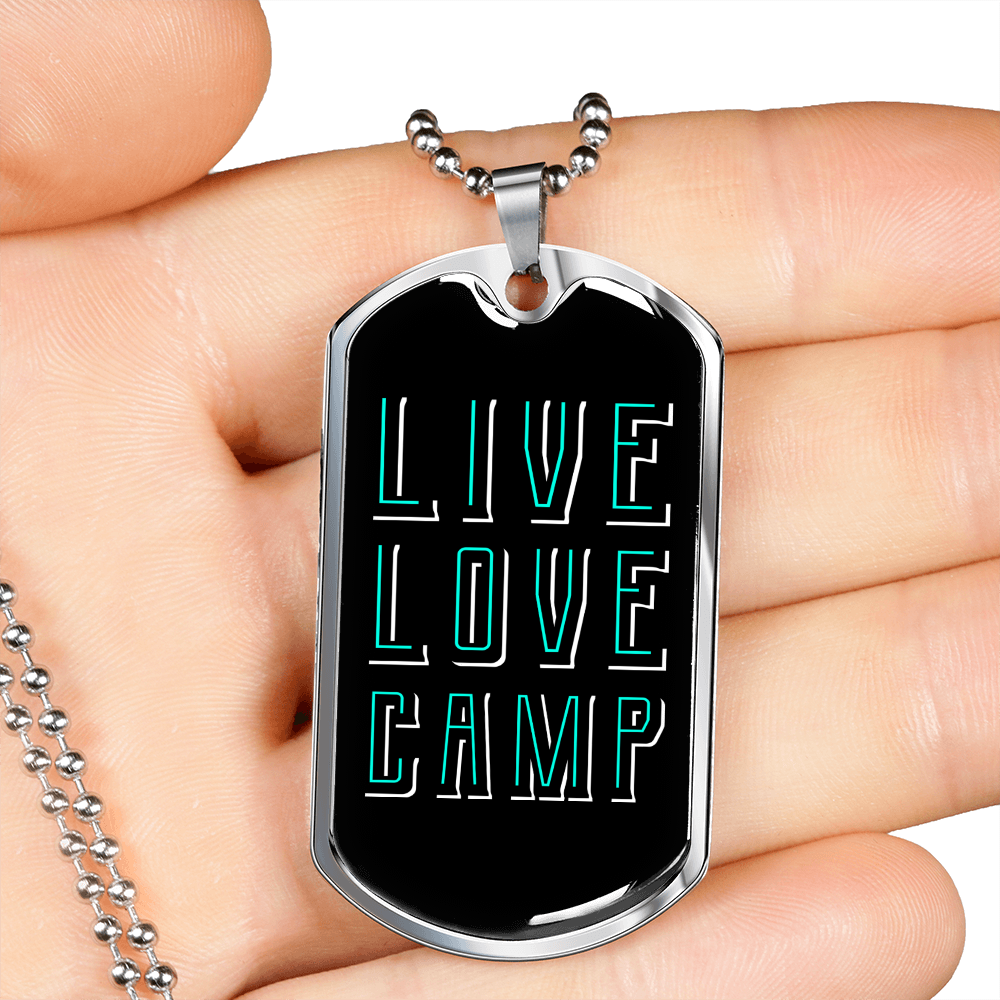 Camper Necklace Live Love Camp Plain Necklace Stainless Steel or 18k Gold Dog Tag 24" Chain-Express Your Love Gifts