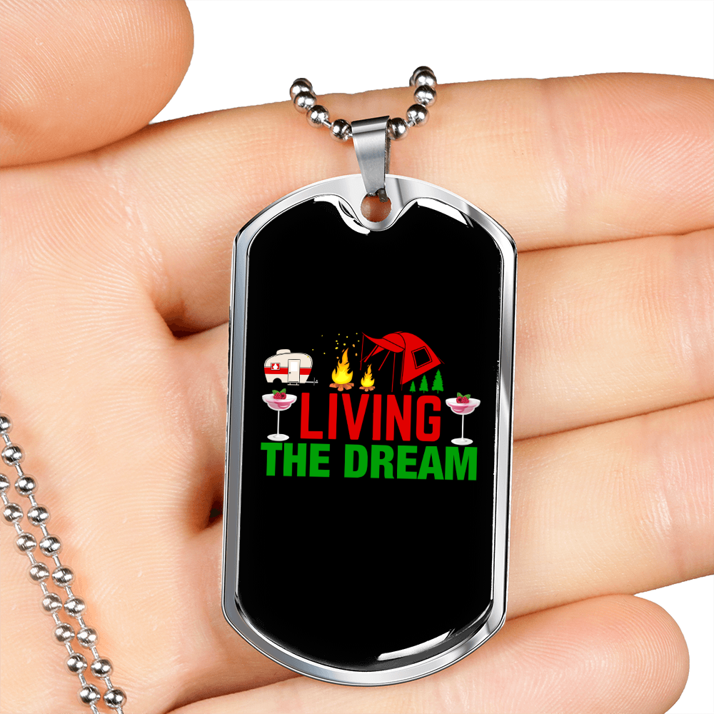 Camper Necklace Living The Dream Necklace Stainless Steel or 18k Gold Dog Tag 24" Chain-Express Your Love Gifts