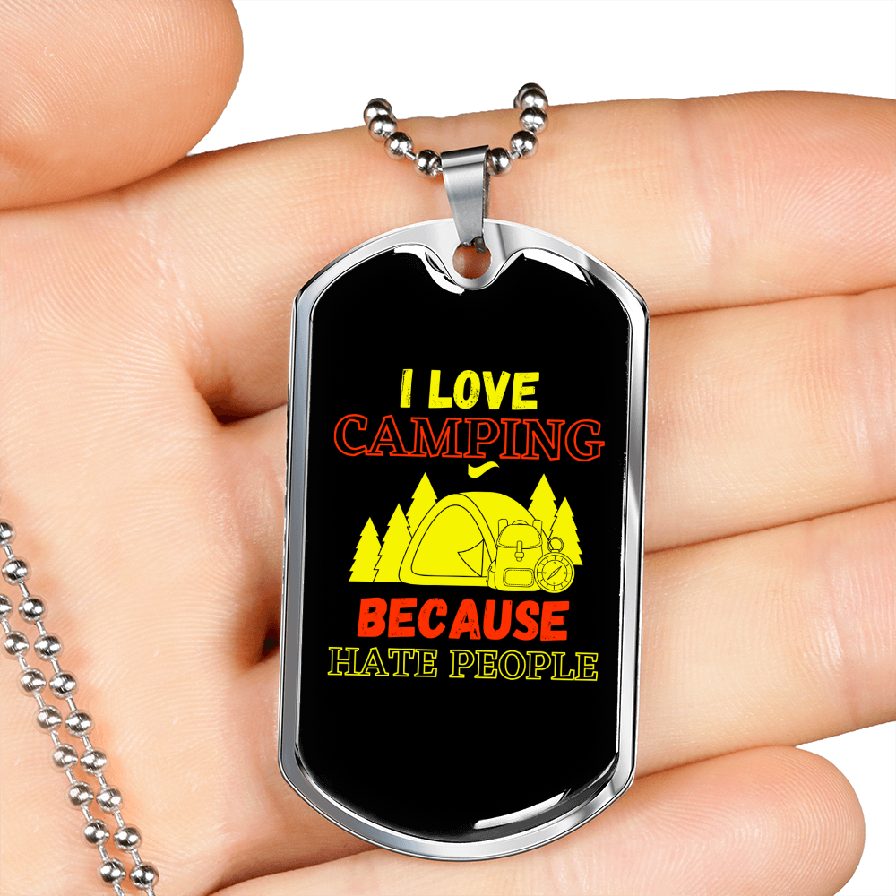 Camper Necklace Love Camping Hate People Necklace Stainless Steel or 18k Gold Dog Tag 24" Chain-Express Your Love Gifts