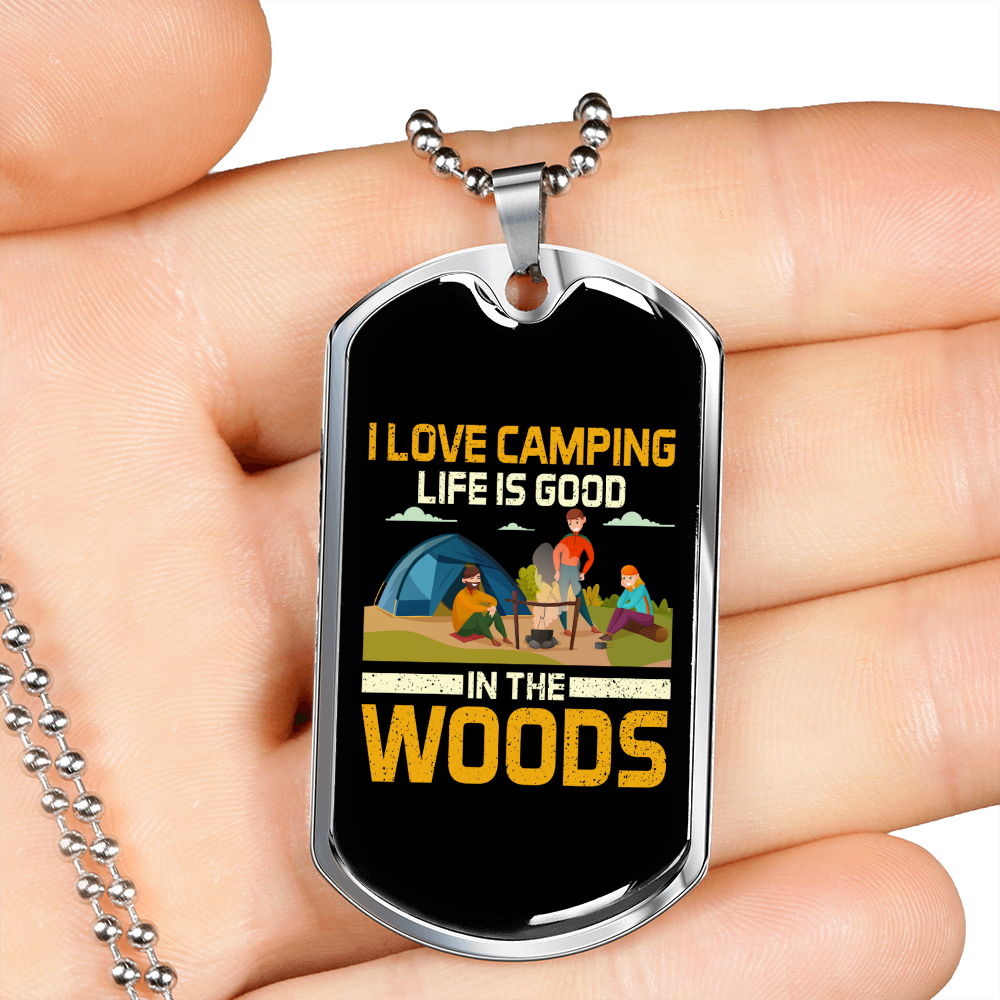 Camper Necklace Love Camping Woods Necklace Stainless Steel or 18k Gold Dog Tag 24" Chain-Express Your Love Gifts