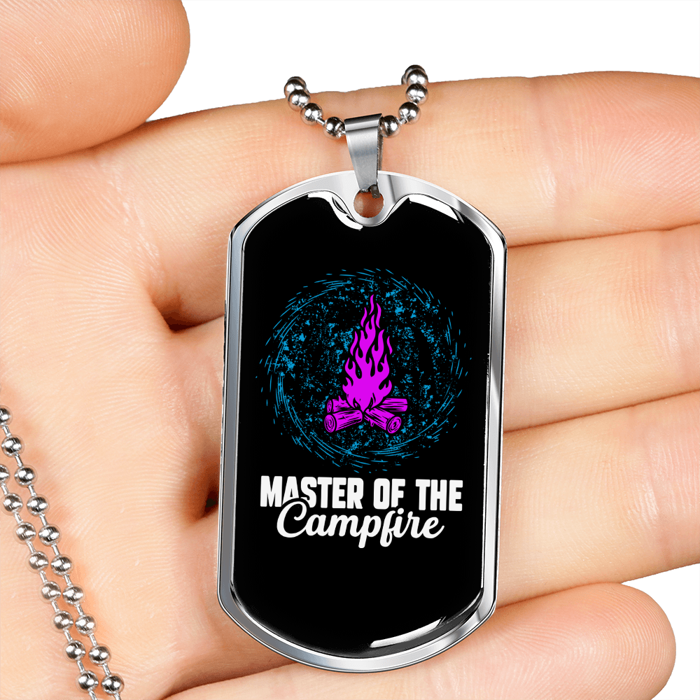 Camper Necklace Master of The Campfire Necklace Stainless Steel or 18k Gold Dog Tag 24" Chain-Express Your Love Gifts