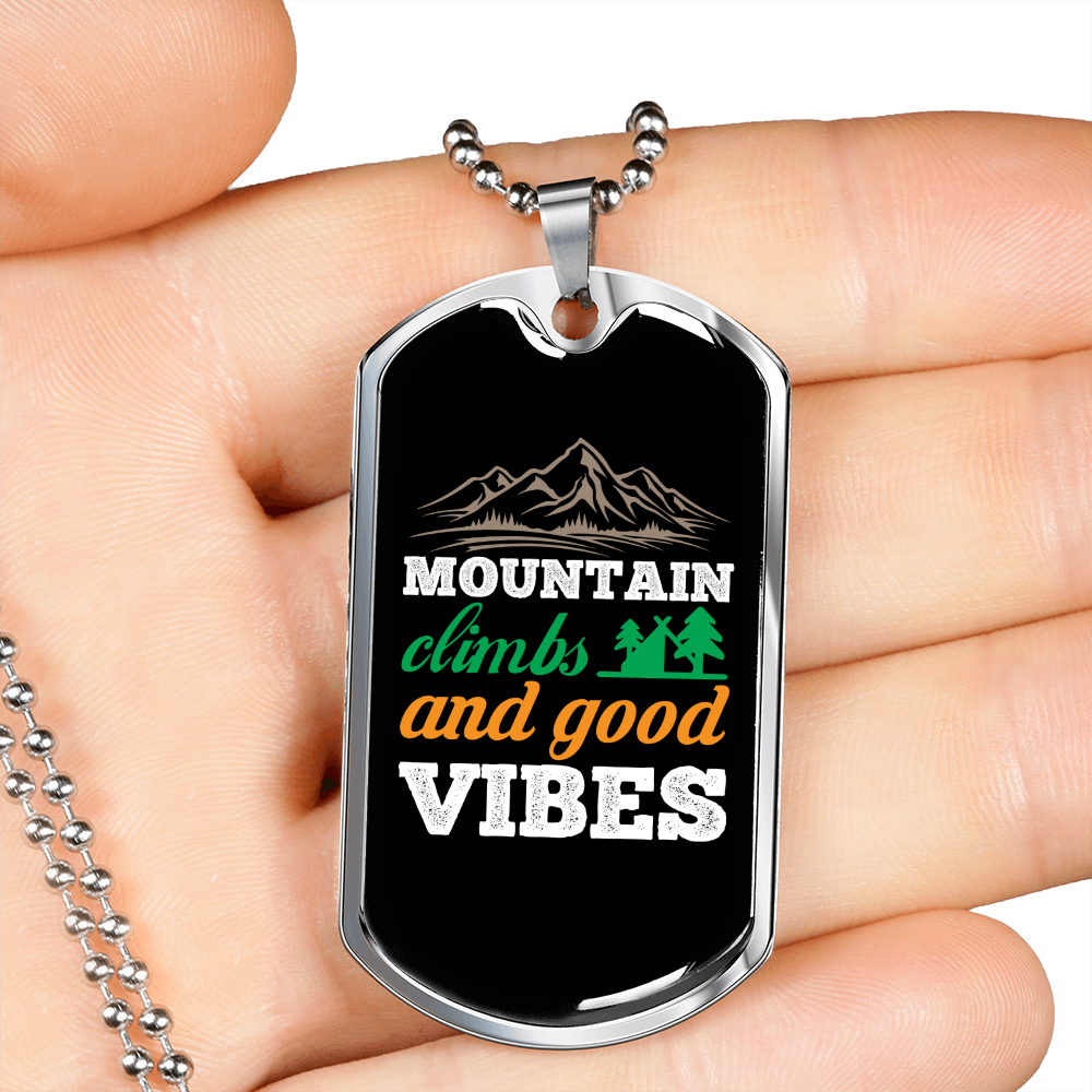 Camper Necklace Mountain Climbs Necklace Stainless Steel or 18k Gold Dog Tag 24" Chain-Express Your Love Gifts