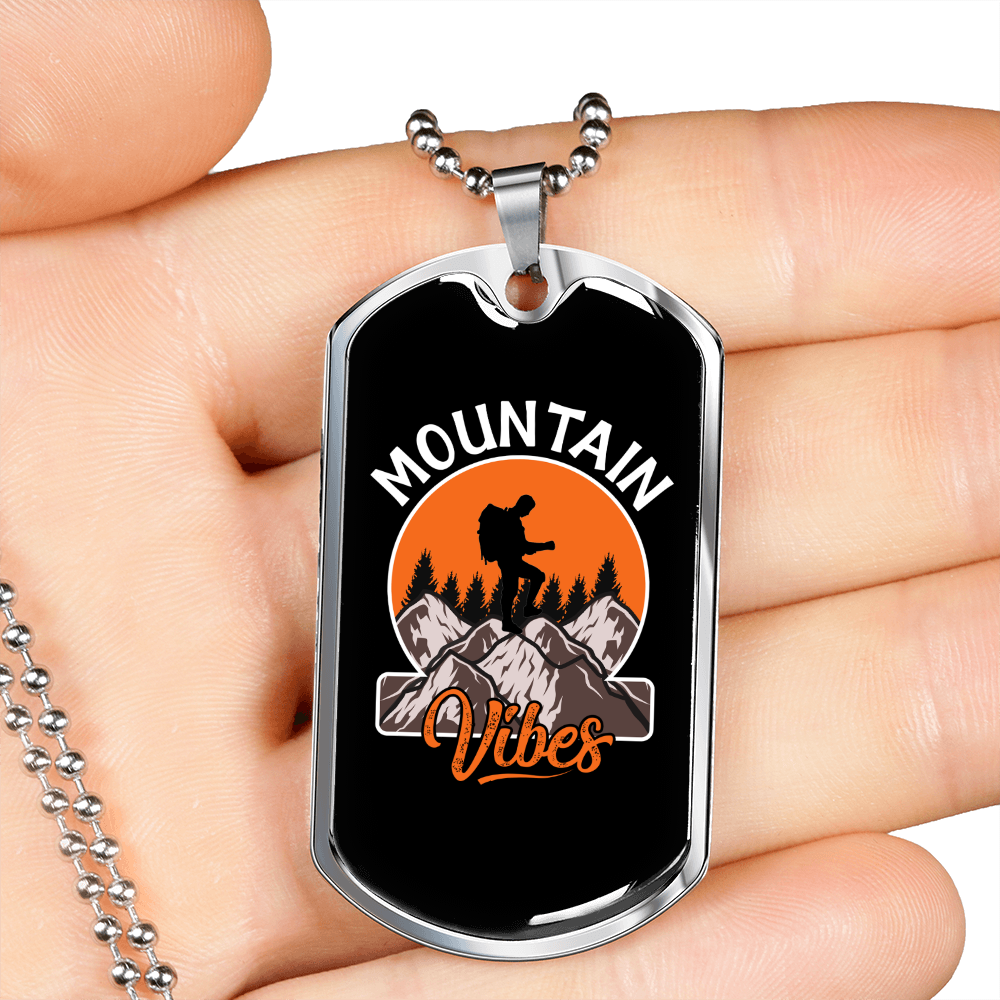 Camper Necklace Mountain Vibes Necklace Stainless Steel or 18k Gold Dog Tag 24" Chain-Express Your Love Gifts