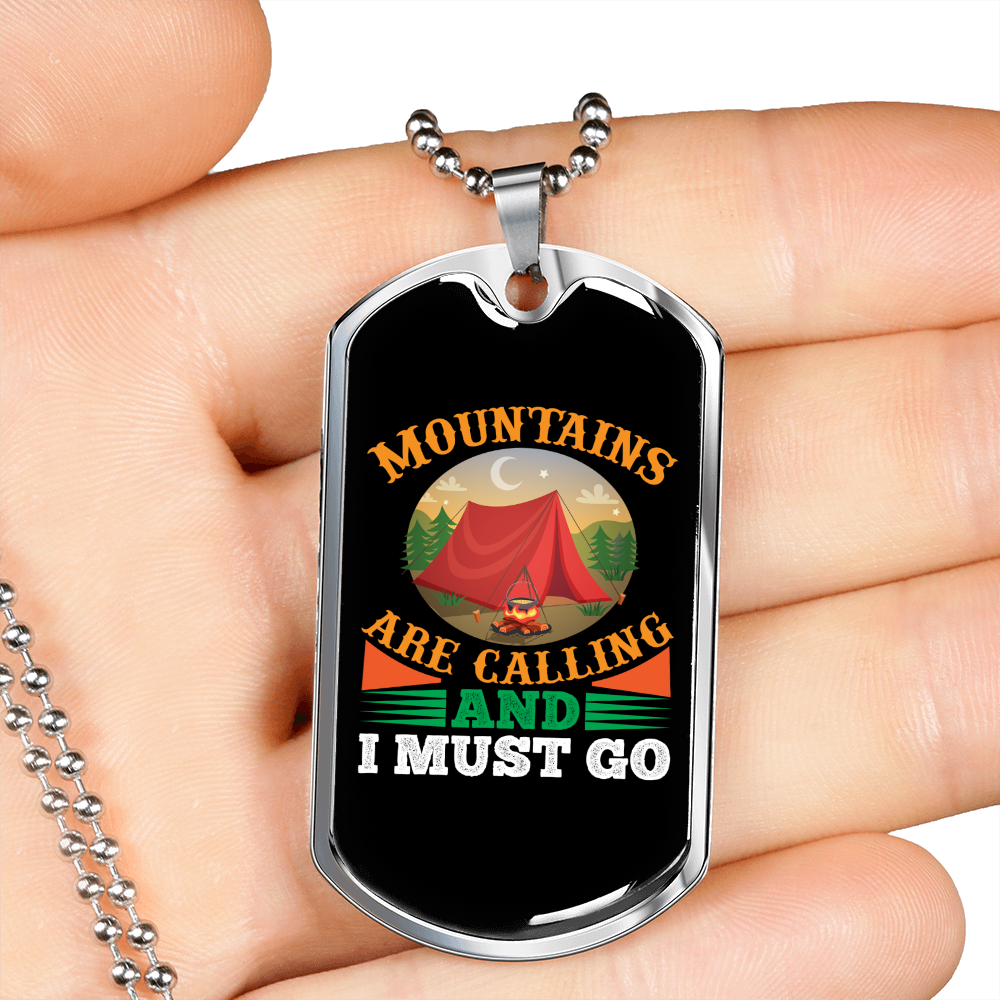 Camper Necklace Mountains Are Calling Necklace Stainless Steel or 18k Gold Dog Tag 24" Chain-Express Your Love Gifts