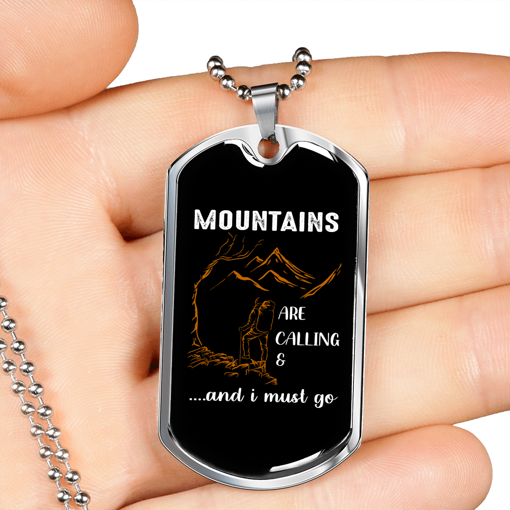 Camper Necklace Mountains White Brown Necklace Stainless Steel or 18k Gold Dog Tag 24" Chain-Express Your Love Gifts