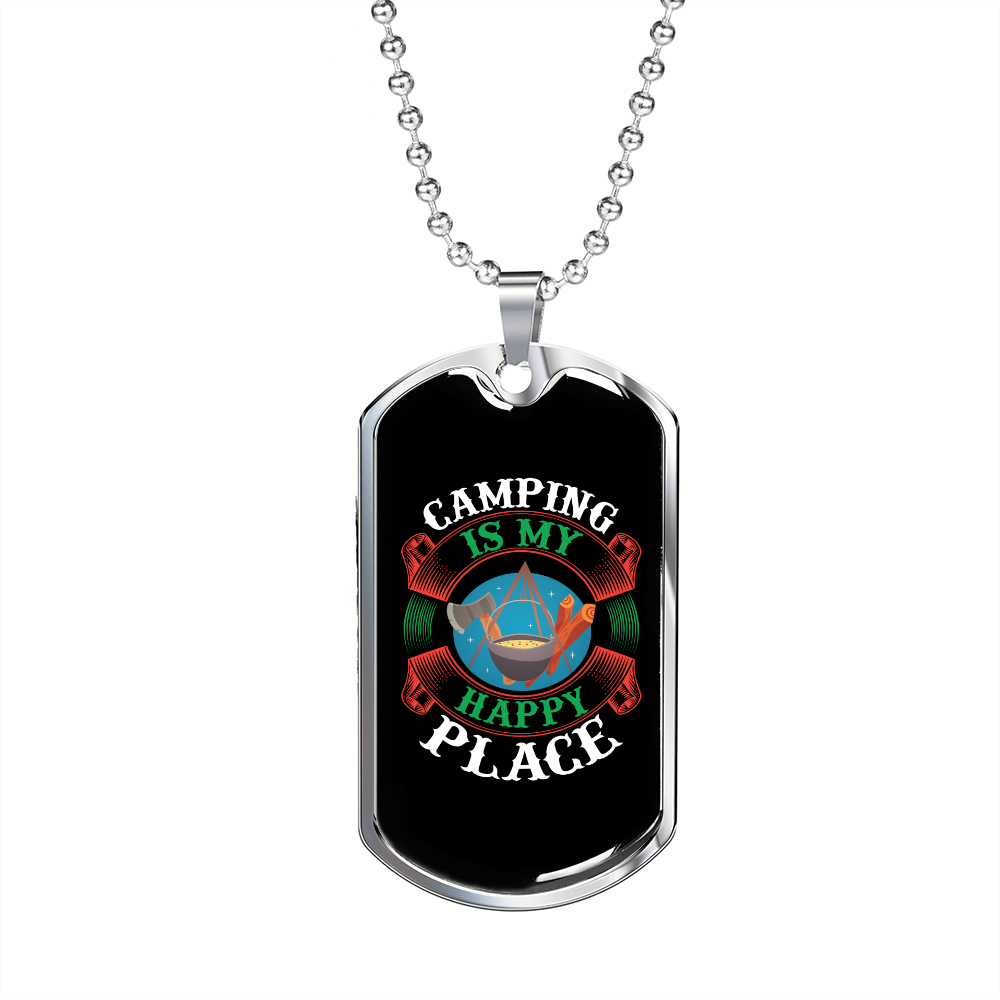 Camper Necklace My Happy Place is Camping Necklace Stainless Steel or 18k Gold Dog Tag 24" Chain-Express Your Love Gifts