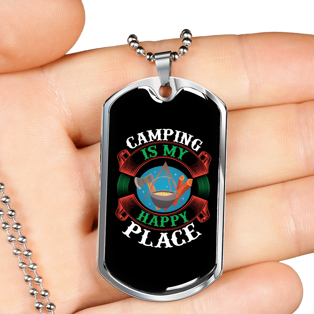 Camper Necklace My Happy Place is Camping Necklace Stainless Steel or 18k Gold Dog Tag 24" Chain-Express Your Love Gifts