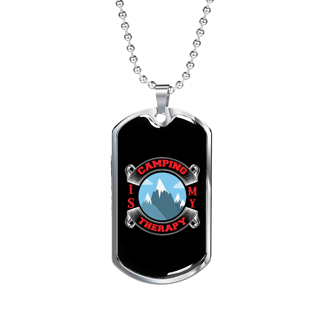 Camper Necklace My Theraphy is Camping Necklace Stainless Steel or 18k Gold Dog Tag 24" Chain-Express Your Love Gifts