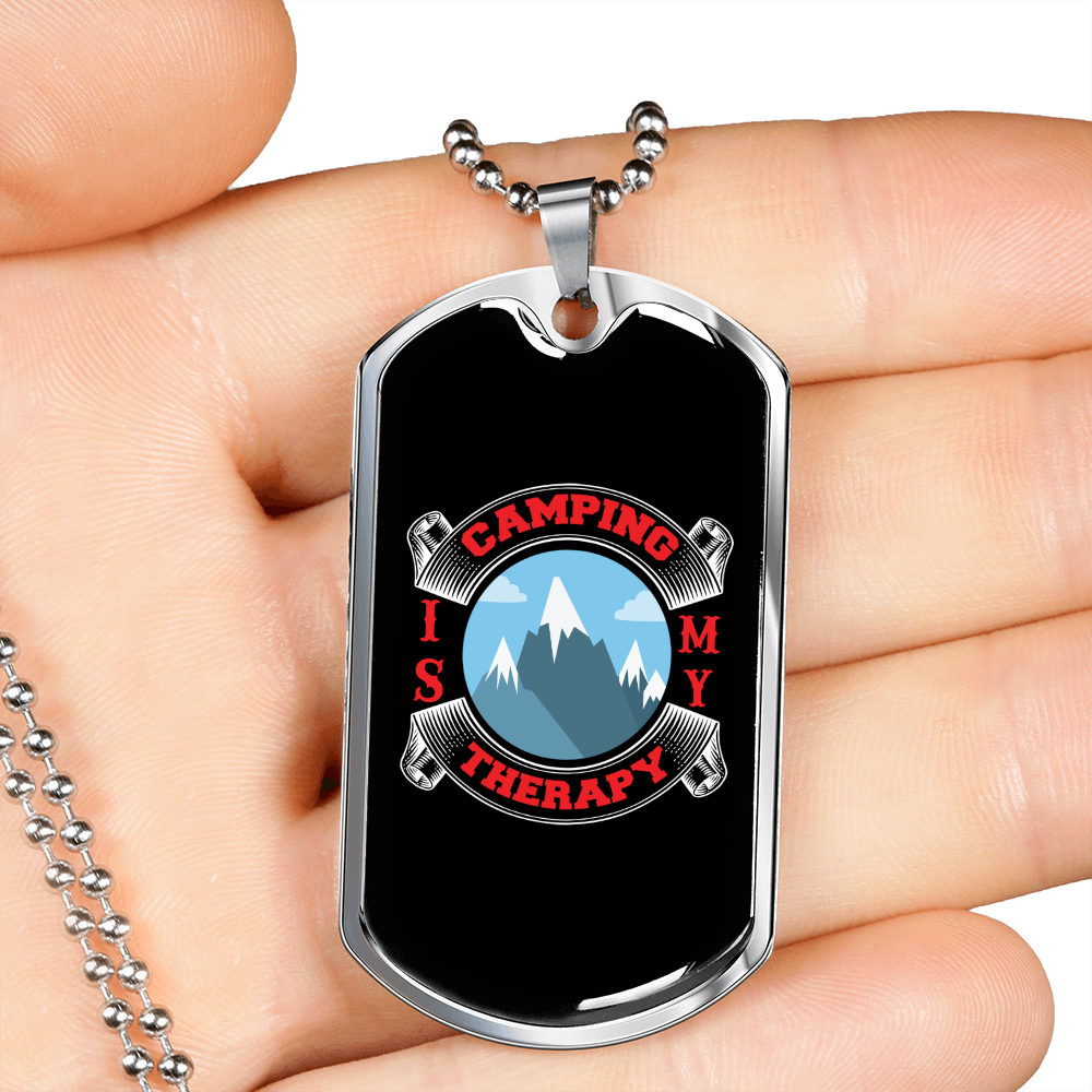 Camper Necklace My Theraphy is Camping Necklace Stainless Steel or 18k Gold Dog Tag 24" Chain-Express Your Love Gifts