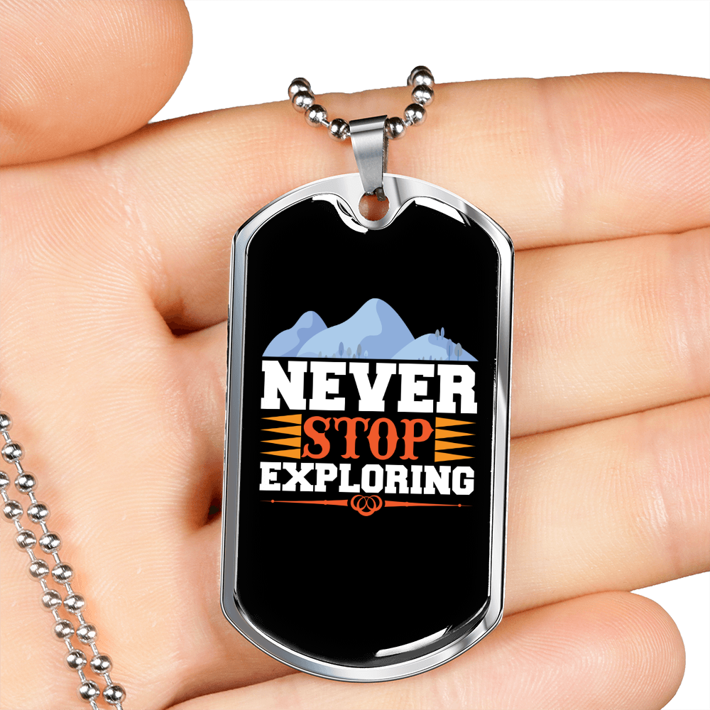 Camper Necklace Never Stop Exploring White Mountain Necklace Stainless Steel or 18k Gold Dog Tag 24" Chain-Express Your Love Gifts