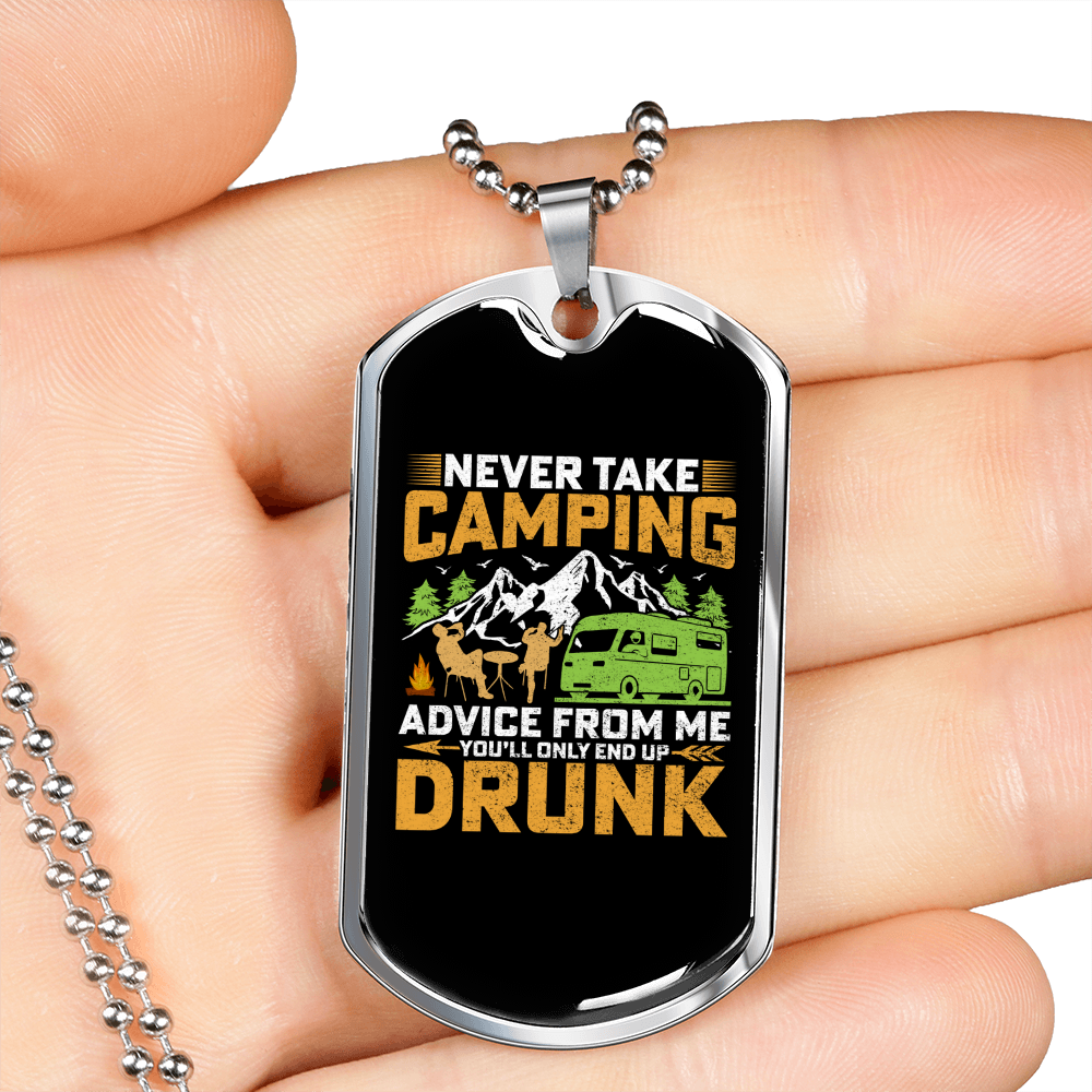 Camper Necklace Never Take Camping Necklace Stainless Steel or 18k Gold Dog Tag 24" Chain-Express Your Love Gifts