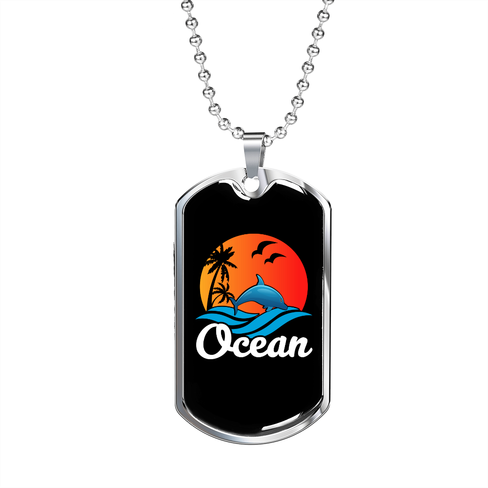 Camper Necklace Ocean Dolphin Swimming Necklace Stainless Steel or 18k Gold Dog Tag 24" Chain-Express Your Love Gifts