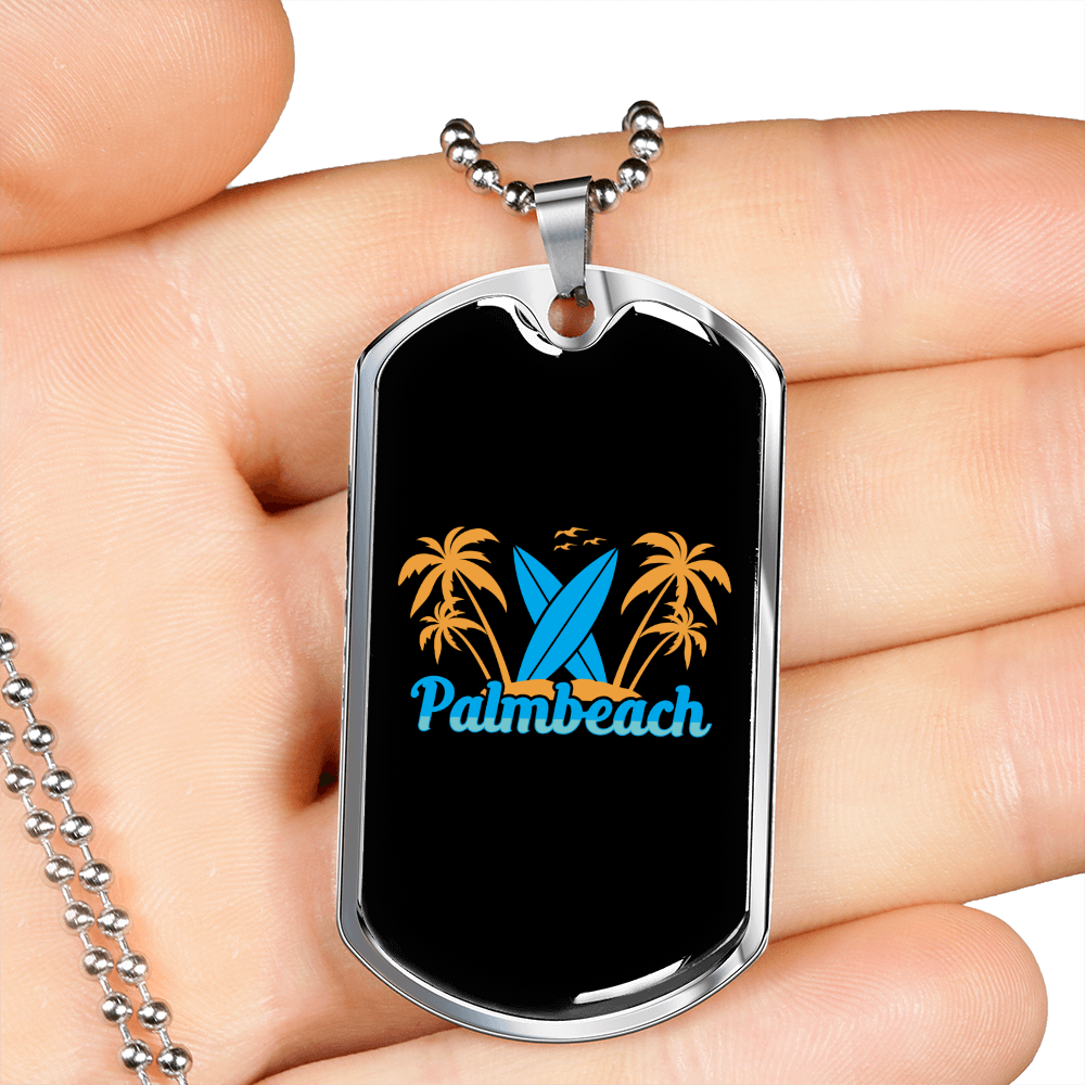 Camper Necklace Palmbeach Blue Surf Necklace Stainless Steel or 18k Gold Dog Tag 24" Chain-Express Your Love Gifts