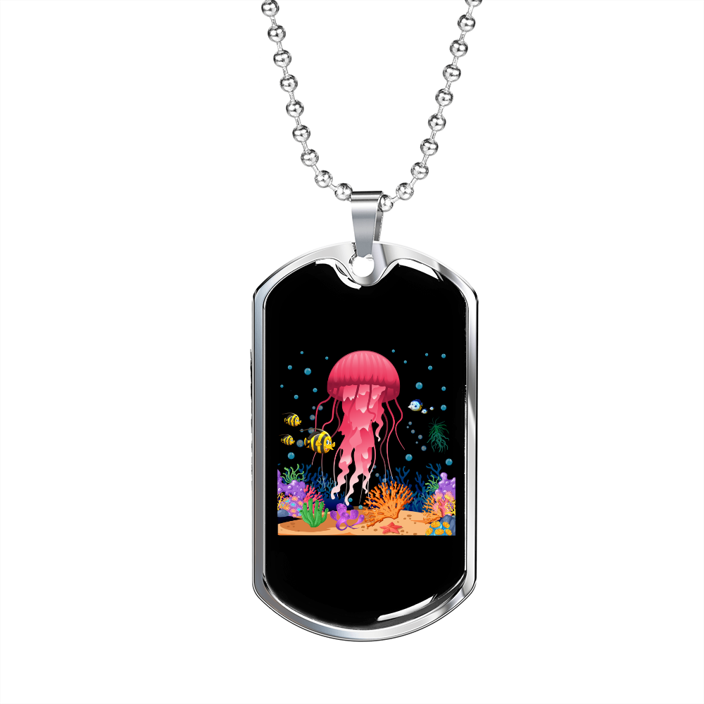 Camper Necklace Pink Jellyfish Ocean Necklace Stainless Steel or 18k Gold Dog Tag 24" Chain-Express Your Love Gifts