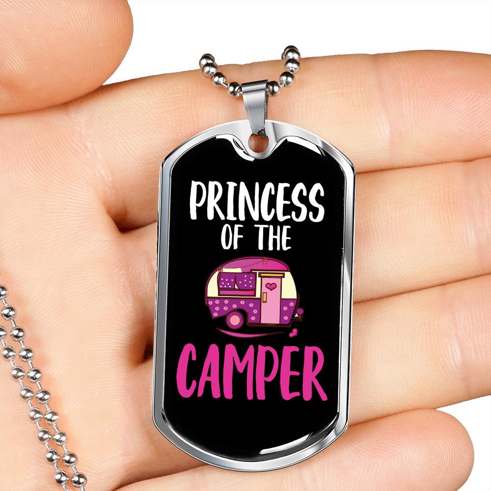 Camper Necklace Princess Of The Camper Pink Necklace Stainless Steel or 18k Gold Dog Tag 24" Chain-Express Your Love Gifts