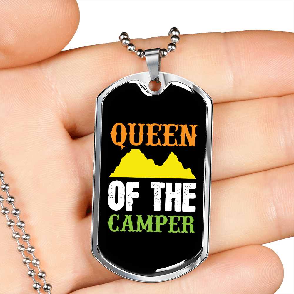 Camper Necklace Queen of the Camper Necklace Stainless Steel or 18k Gold Dog Tag 24" Chain-Express Your Love Gifts