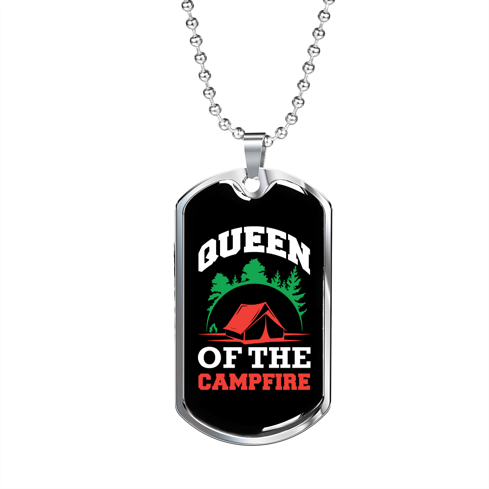 Camper Necklace Queen of The Campfire Red Tent Necklace Stainless Steel or 18k Gold Dog Tag 24" Chain-Express Your Love Gifts