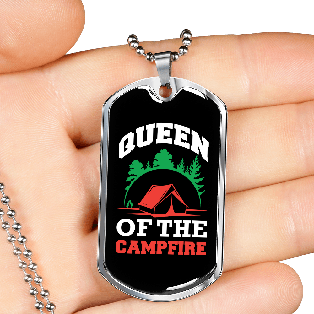 Camper Necklace Queen of The Campfire Red Tent Necklace Stainless Steel or 18k Gold Dog Tag 24" Chain-Express Your Love Gifts