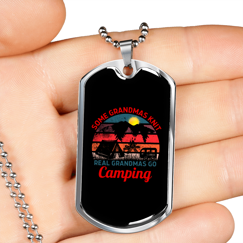 Camper Necklace Real Grandmas Go Camping Necklace Stainless Steel or 18k Gold Dog Tag 24" Chain-Express Your Love Gifts