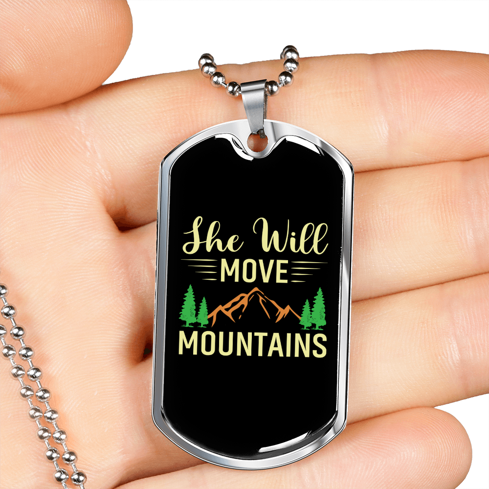 Camper Necklace She Will Move Mountains Necklace Stainless Steel or 18k Gold Dog Tag 24" Chain-Express Your Love Gifts