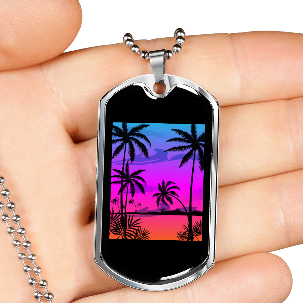 Camper Necklace Sky White Coconut Tree Necklace Stainless Steel or 18k Gold Dog Tag 24" Chain-Express Your Love Gifts