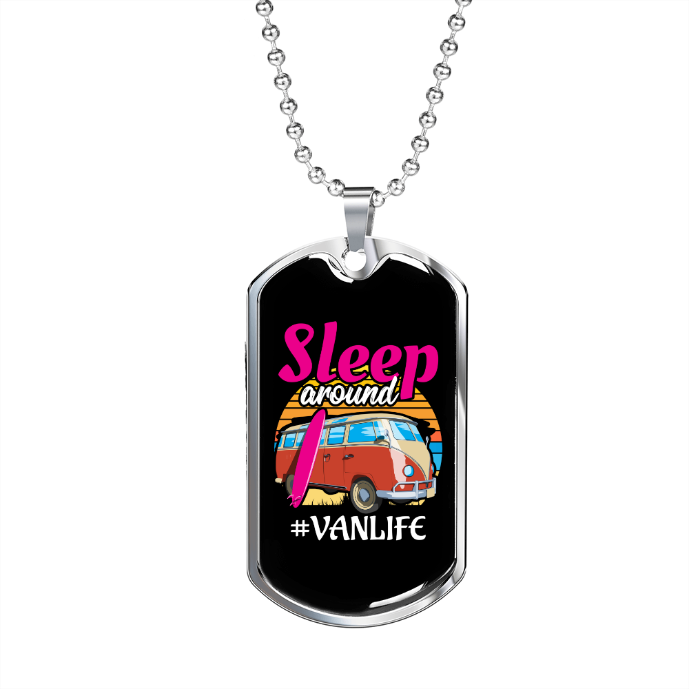 Camper Necklace Sleep Around Vanlife Necklace Stainless Steel or 18k Gold Dog Tag 24" Chain-Express Your Love Gifts