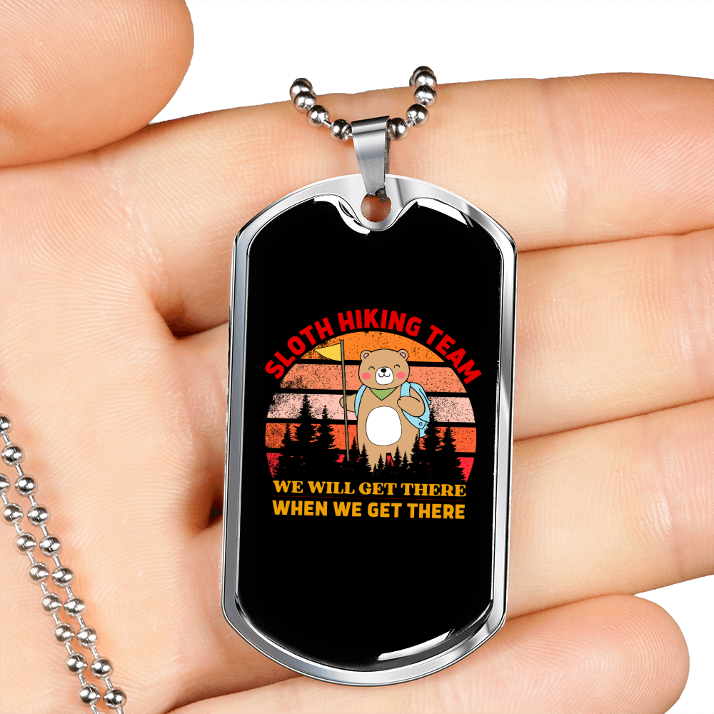 Camper Necklace Sloth Hiking Team Necklace Stainless Steel or 18k Gold Dog Tag 24" Chain-Express Your Love Gifts