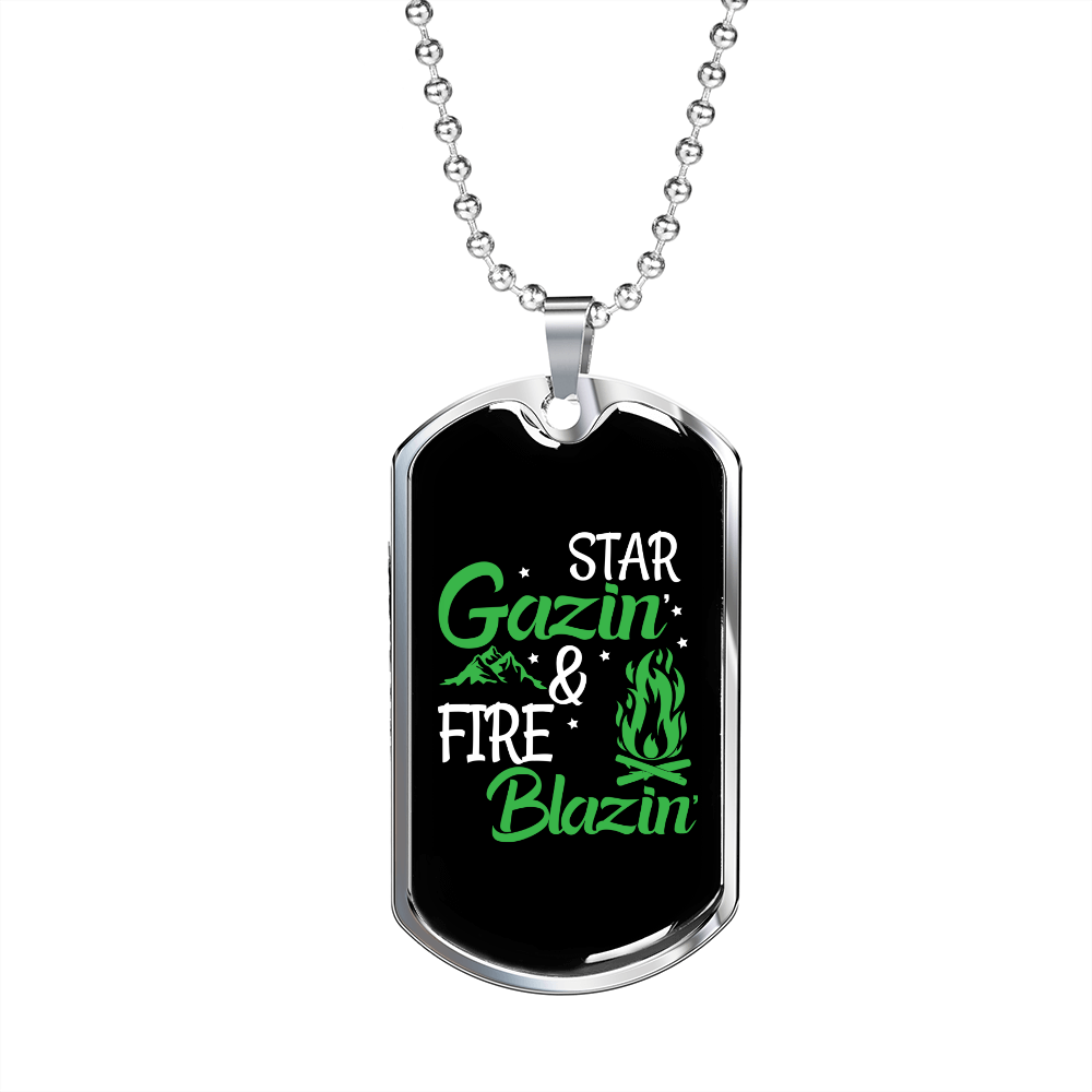 Camper Necklace Star Gazin Fire Necklace Stainless Steel or 18k Gold Dog Tag 24" Chain-Express Your Love Gifts