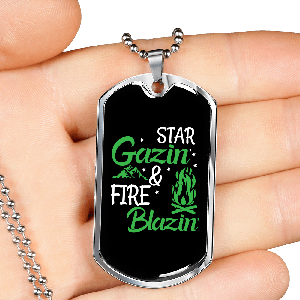 Camper Necklace Star Gazin Fire Necklace Stainless Steel or 18k Gold Dog Tag 24" Chain-Express Your Love Gifts