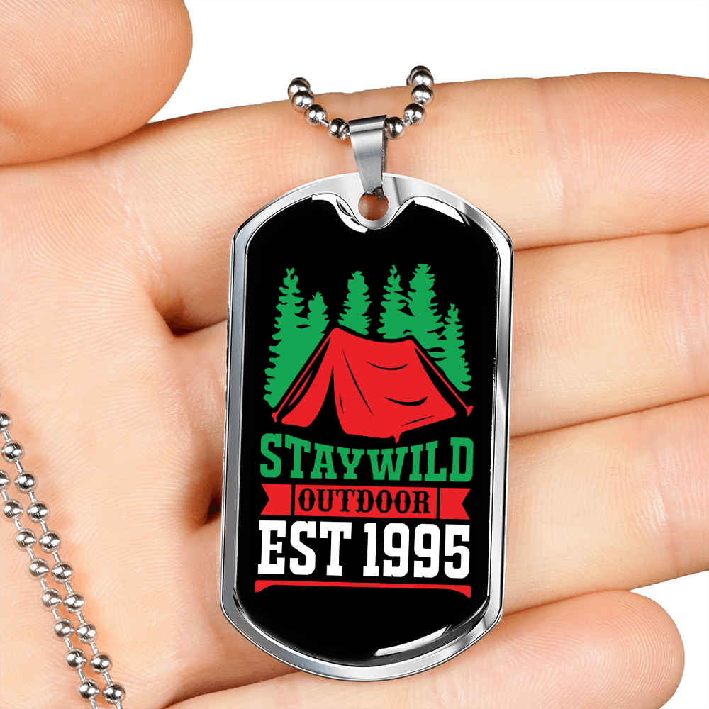 Camper Necklace Stay Wild Outdoor Est 1995 Necklace Stainless Steel or 18k Gold Dog Tag 24" Chain-Express Your Love Gifts