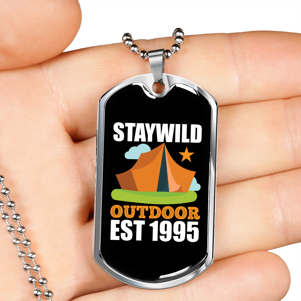 Camper Necklace Stay Wild Outdoor Est 1995 Orange Tent Necklace Stainless Steel or 18k Gold Dog Tag 24" Chain-Express Your Love Gifts