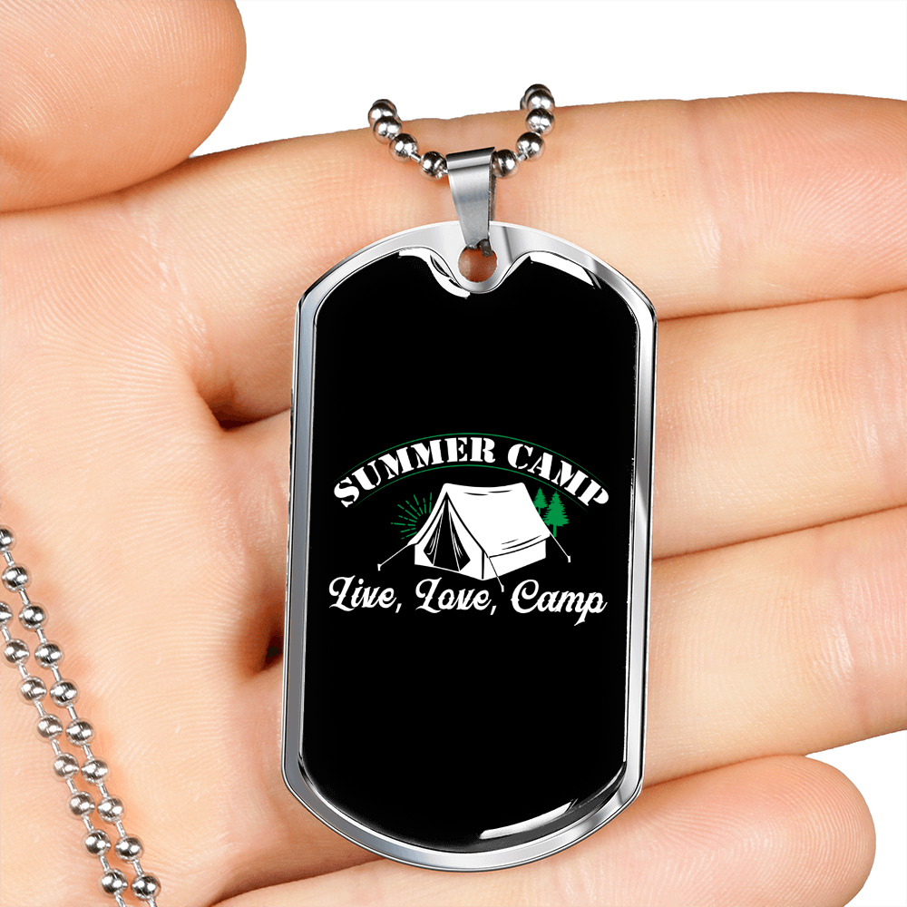 Camper Necklace Summer Camp White Necklace Stainless Steel or 18k Gold Dog Tag 24" Chain-Express Your Love Gifts