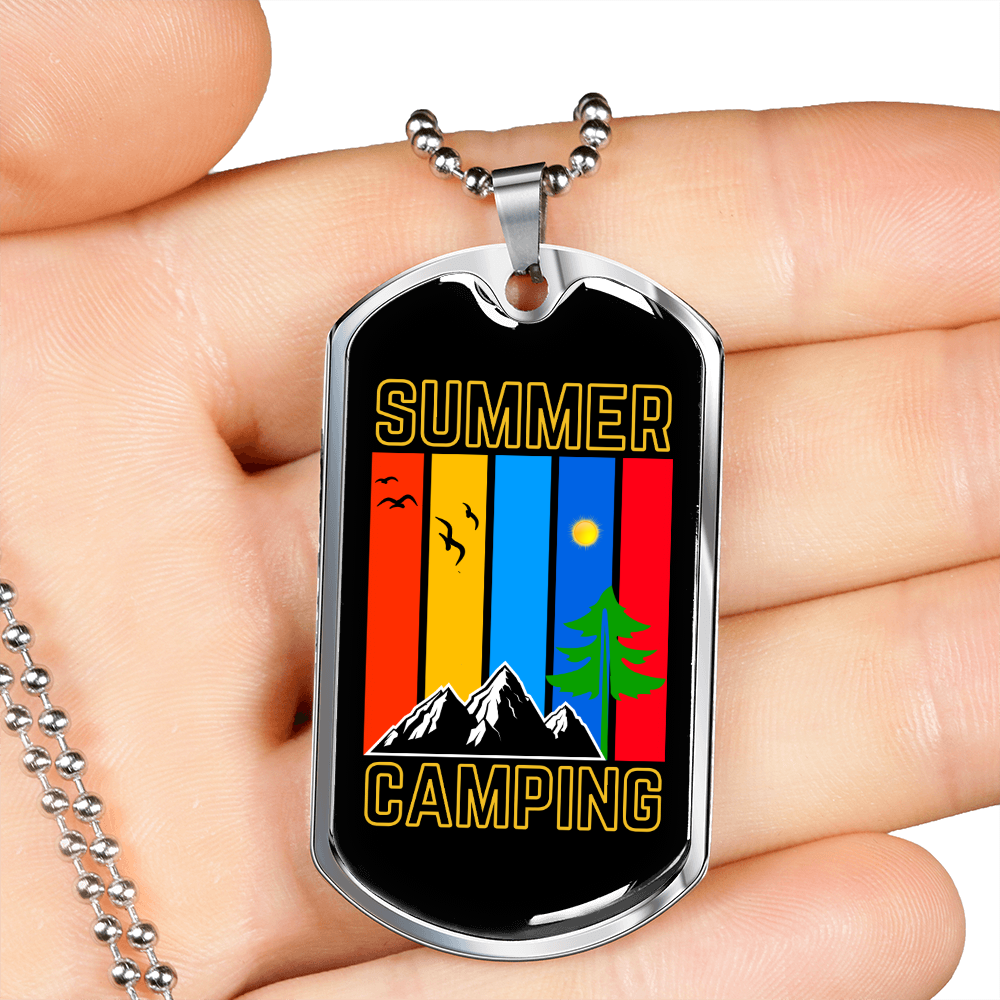 Camper Necklace Summer Camping Necklace Stainless Steel or 18k Gold Dog Tag 24" Chain-Express Your Love Gifts