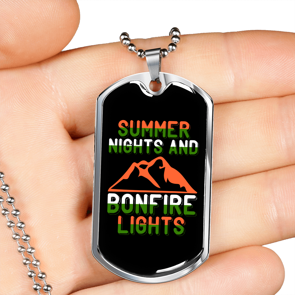 Camper Necklace Summer Nights and Bonfire Lights Necklace Stainless Steel or 18k Gold Dog Tag 24" Chain-Express Your Love Gifts