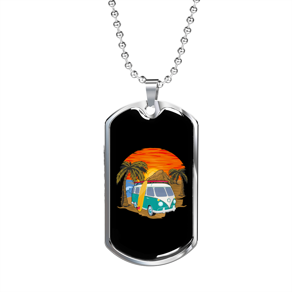 Camper Necklace Summer Van Tree Necklace Stainless Steel or 18k Gold Dog Tag 24" Chain-Express Your Love Gifts