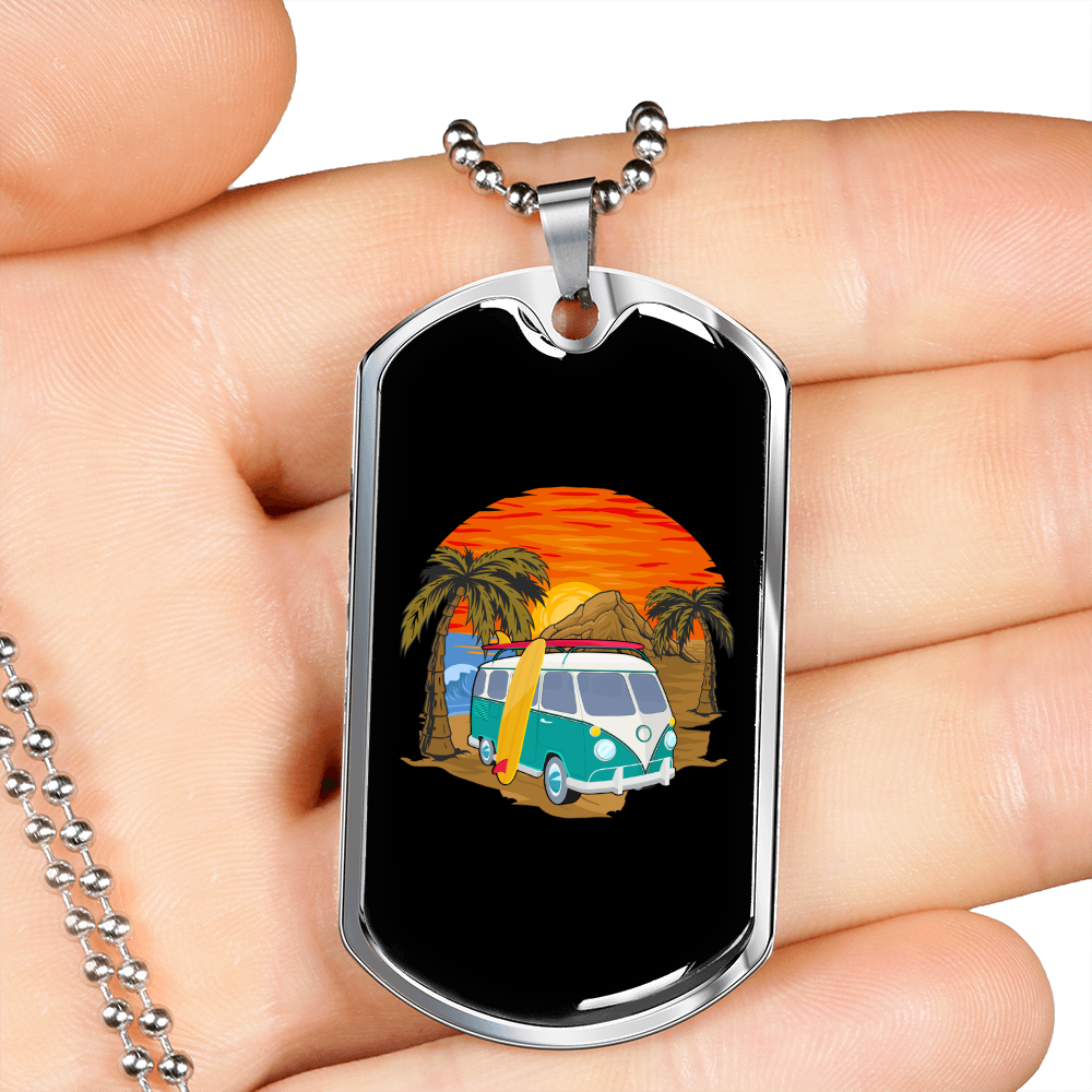 Camper Necklace Summer Van Tree Necklace Stainless Steel or 18k Gold Dog Tag 24" Chain-Express Your Love Gifts