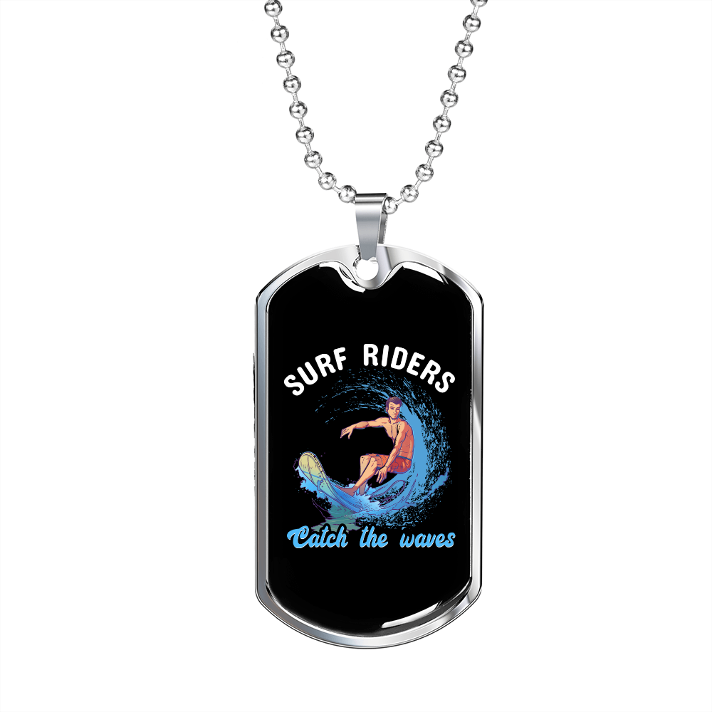 Camper Necklace Surf Riders Catch Necklace Stainless Steel or 18k Gold Dog Tag 24" Chain-Express Your Love Gifts