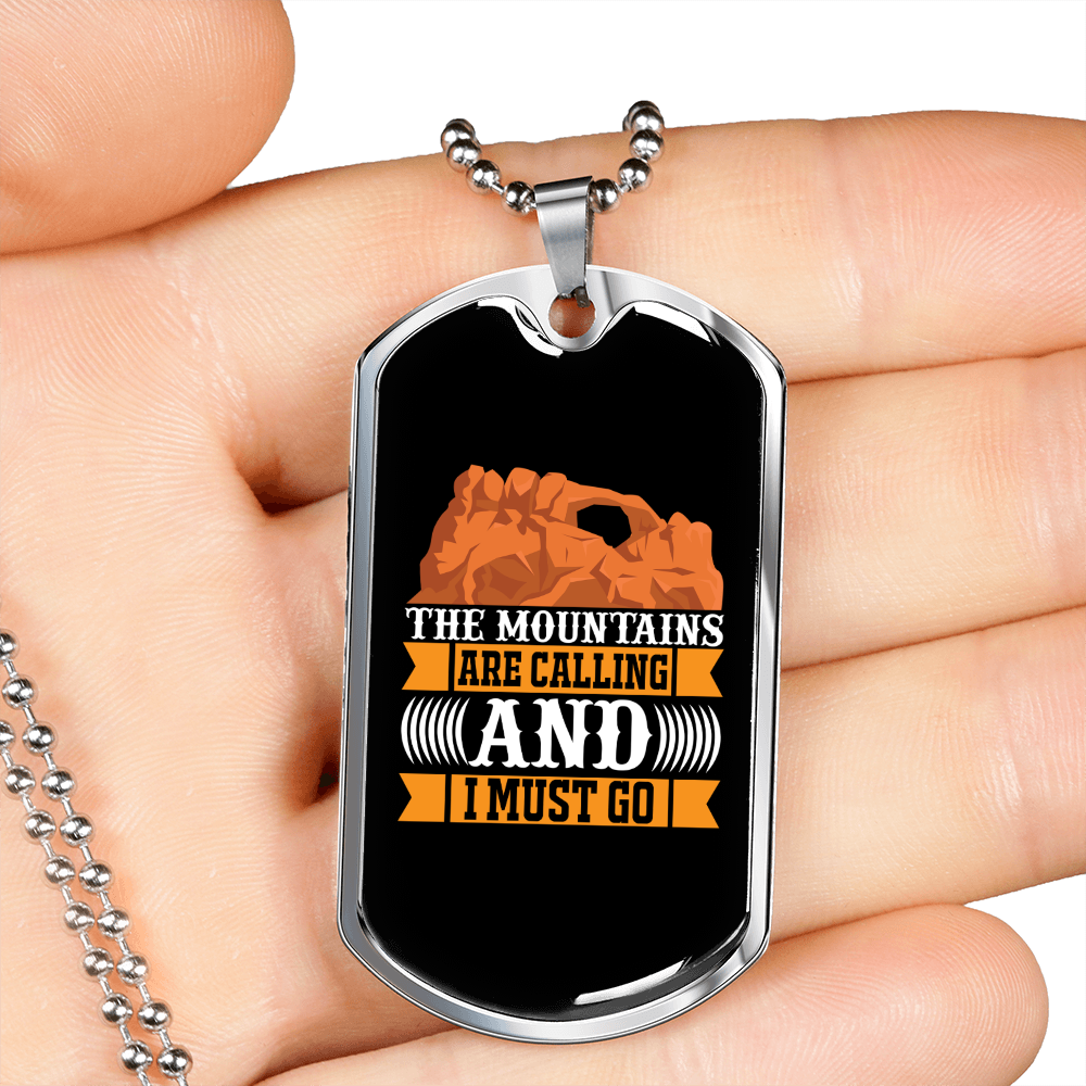 Camper Necklace The Mountains Are Calling Orange Necklace Stainless Steel or 18k Gold Dog Tag 24" Chain-Express Your Love Gifts