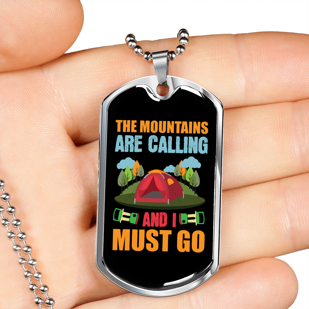 Camper Necklace The Mountains Are Calling Red Tent Necklace Stainless Steel or 18k Gold Dog Tag 24" Chain-Express Your Love Gifts