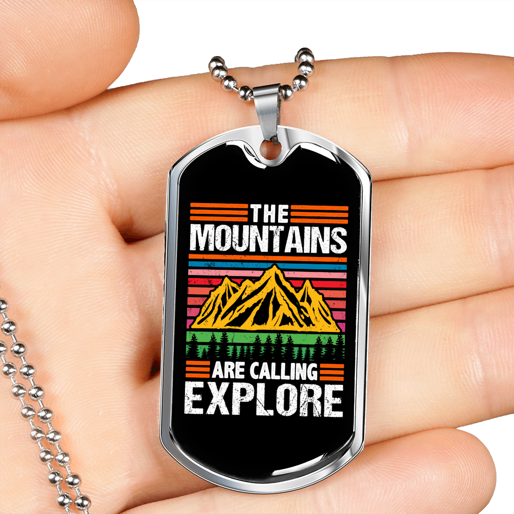 Camper Necklace The Mountains Are Calling Yellow Mountain Necklace Stainless Steel or 18k Gold Dog Tag 24" Chain-Express Your Love Gifts