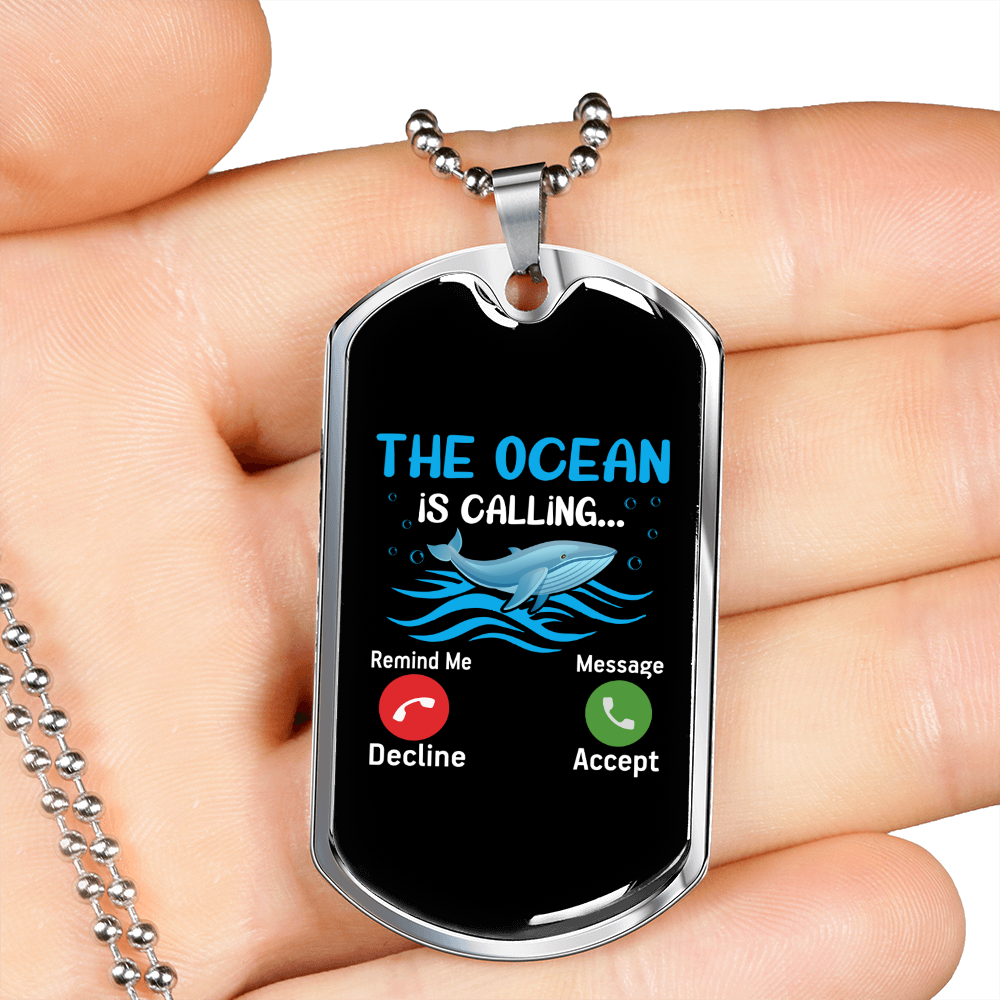 Camper Necklace The Ocean Is Calling Necklace Stainless Steel or 18k Gold Dog Tag 24" Chain-Express Your Love Gifts