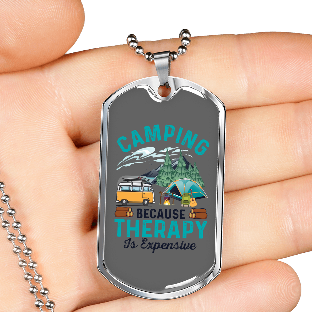 Camper Necklace Therapy Is Expensive Necklace Stainless Steel or 18k Gold Dog Tag 24" Chain-Express Your Love Gifts