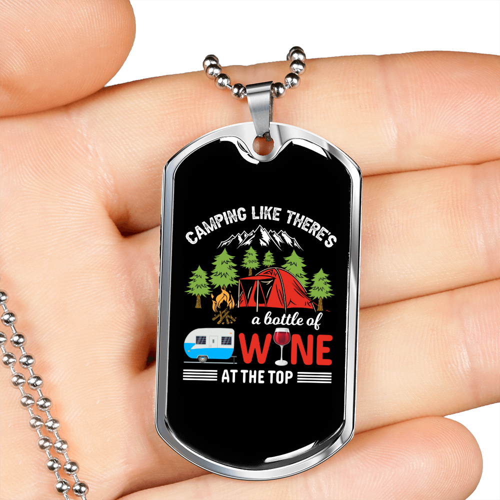 Camper Necklace There's Wine White Necklace Stainless Steel or 18k Gold Dog Tag 24" Chain-Express Your Love Gifts