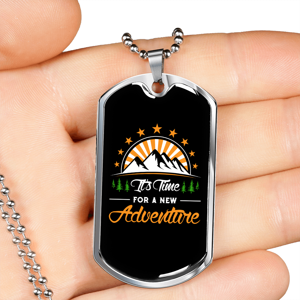 Camper Necklace Time For Adventure Necklace Stainless Steel or 18k Gold Dog Tag 24" Chain-Express Your Love Gifts